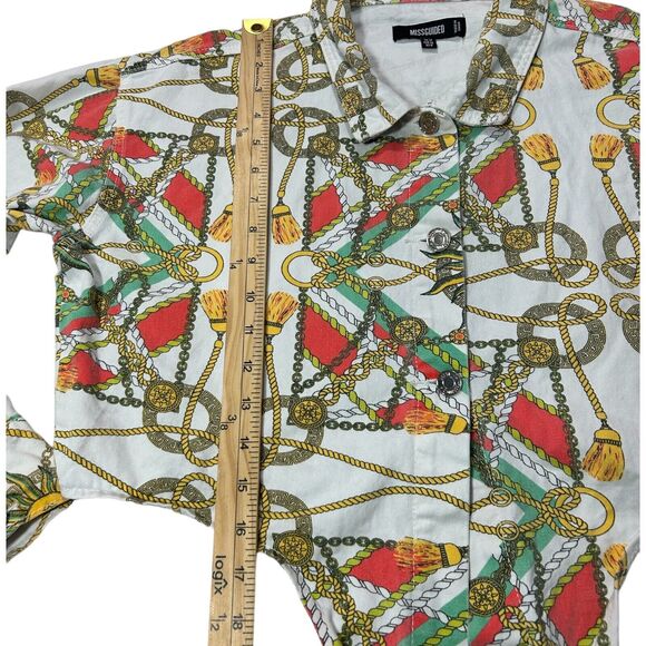 MissGuided womans sz 6 cotton Cropped White Denim Jean Tie Jacket Sun Chain - Picture 8 of 12